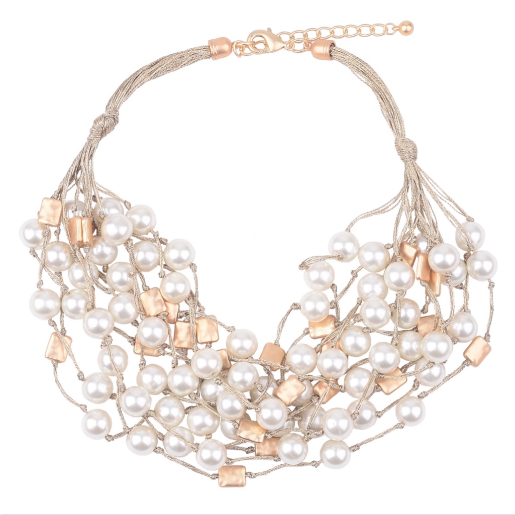 Nwt Gardenia White Pearl & Gold Multi Strand Metallic Silk Necklace